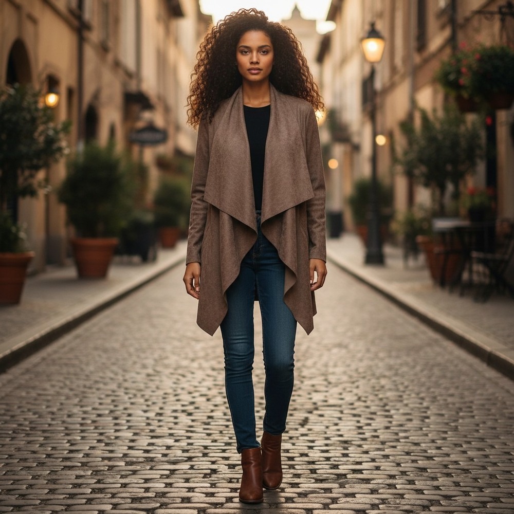 Hyfve Womens Taupe Brown Faux Suede Drape Open Front Cardigan Jacket Large